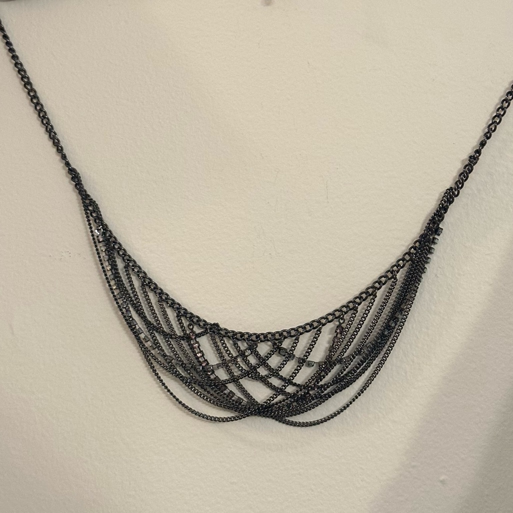 American Eagle Outfitters Layered Statement Necklace Gun Metal Black Crystal Vtg 13$